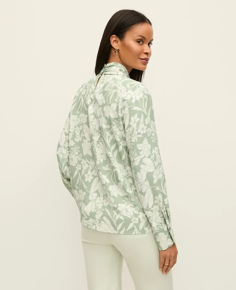 Ann Taylor Petite Floral Bow Blouse Aqua Foam Women's