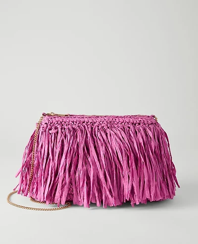 Ann Taylor Raffia Fringe Clutch Handbag Rhododendron Women's