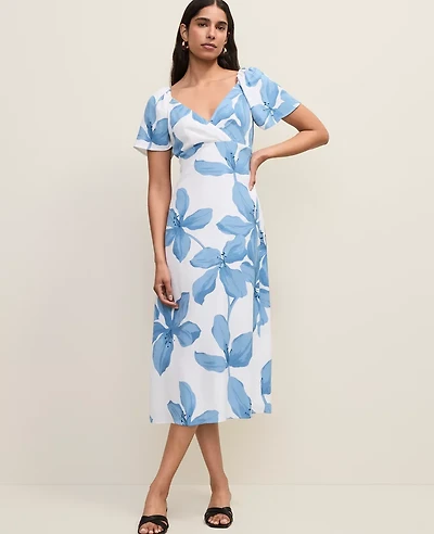 Ann Taylor Petite Floral Shirred Flare Midi Dress Blue Women's