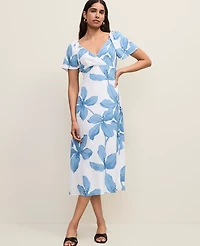 Ann Taylor Petite Floral Shirred Flare Midi Dress Blue Women's