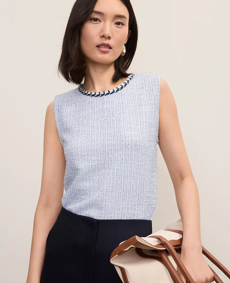 Ann Taylor Petite Braid Trim Tweed Top Soft Blue Multi Women's