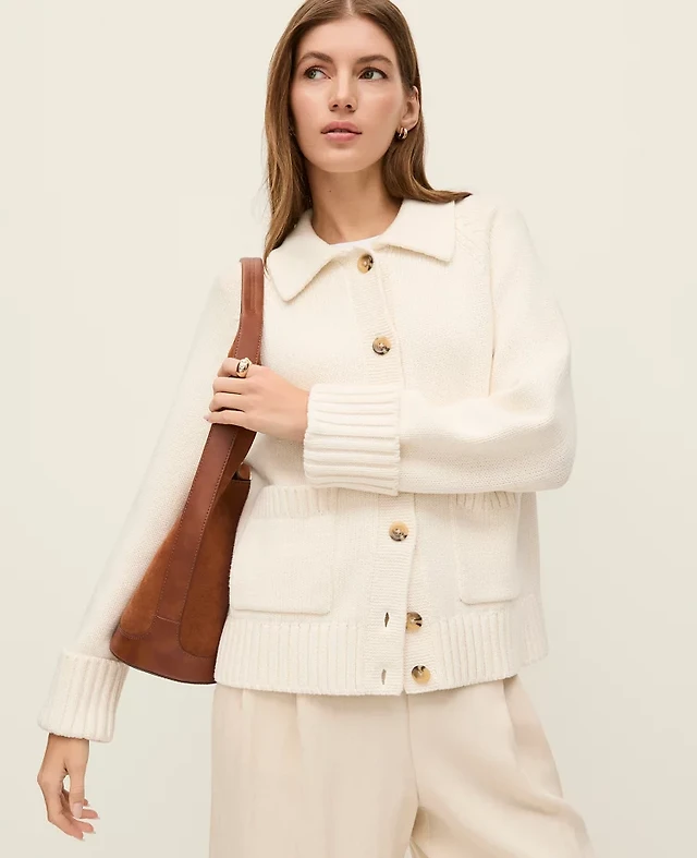 Ann Taylor Weekend Collared Cardigan Winter White Women's