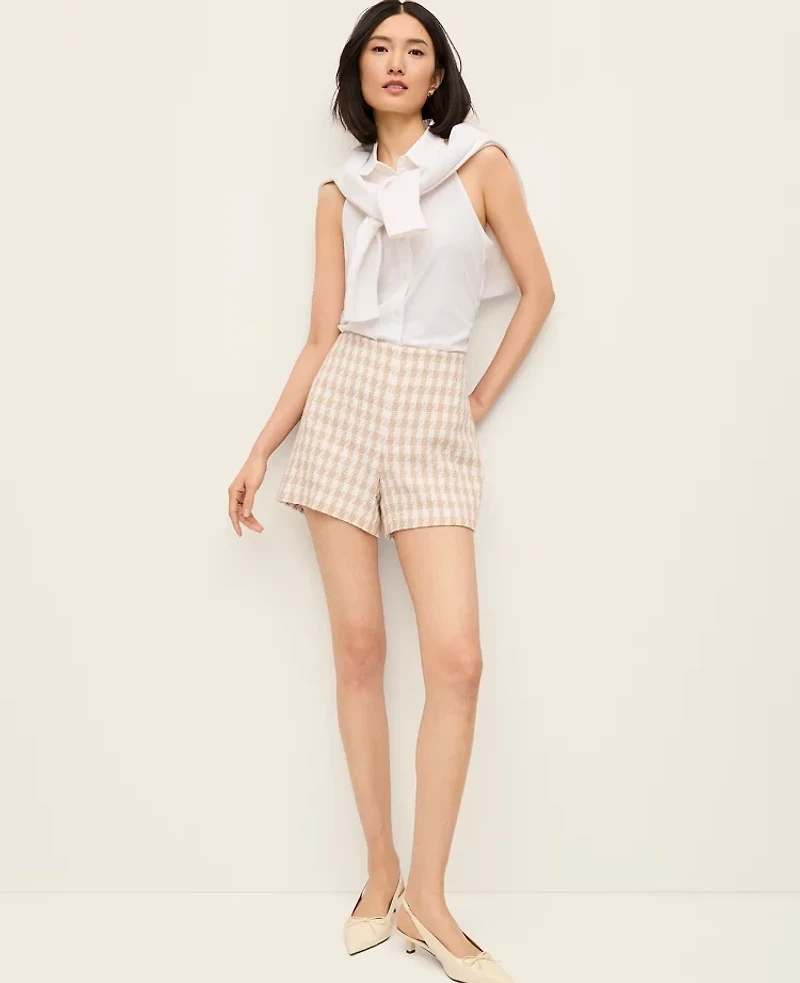 Ann Taylor The Petite Side-Zip Short Houndstooth Tweed Pale Sandalwood Women's