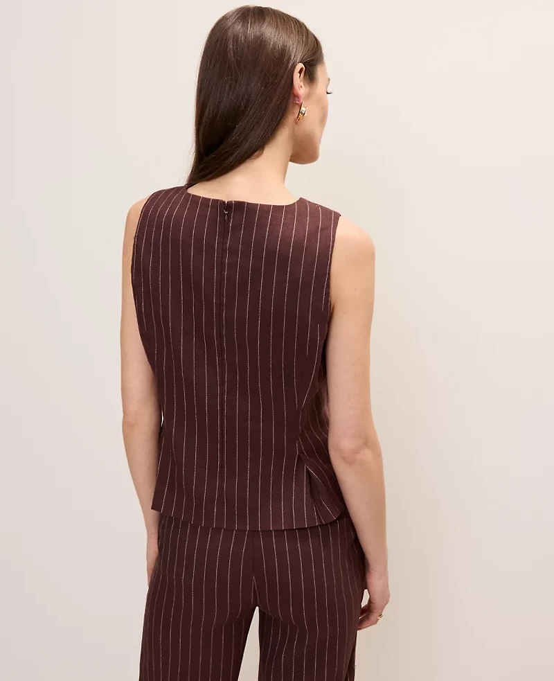 Ann Taylor Pinstripe Peplum Top Linen Blend Rich Walnut Women's