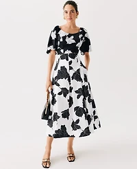 Ann Taylor Petite Floral Puff Sleeve Top Black Women's