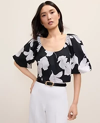 Ann Taylor Petite Floral Puff Sleeve Top Black Women's