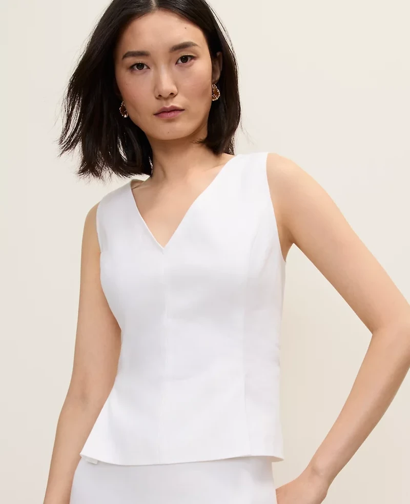 Ann Taylor V-Neck Peplum Top Linen Blend White Women's