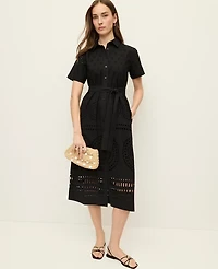 Ann Taylor Blted Eyelet Midi Shirtdress Black Women's