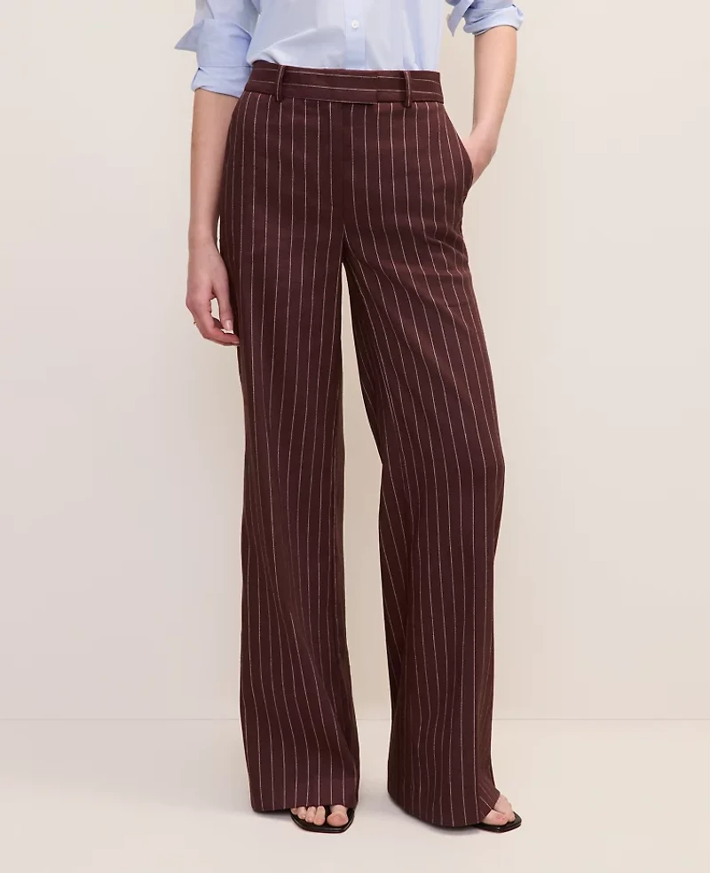 Ann Taylor The Petite Pinstriped Wide-Leg Flare Trouser Linen Blend Rich Walnut Women's