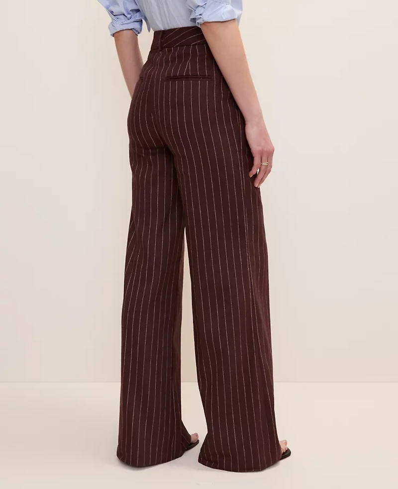 Ann Taylor The Petite Pinstriped Wide-Leg Flare Trouser Linen Blend Rich Walnut Women's