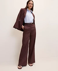 Ann Taylor The Petite Pinstriped Wide-Leg Flare Trouser Linen Blend Rich Walnut Women's