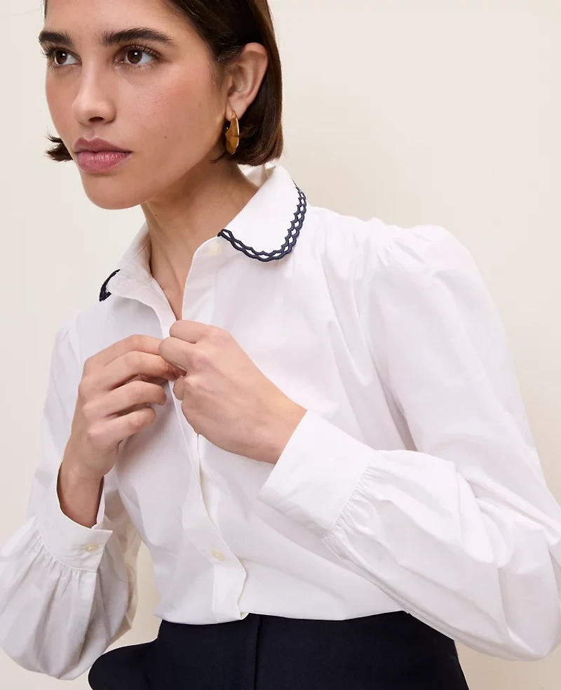 Ann Taylor Scalloped Trim Shirt White Women's