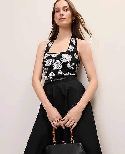 Ann Taylor Petite Floral Jacquard Halter Sweater Top Ww-Black Women's