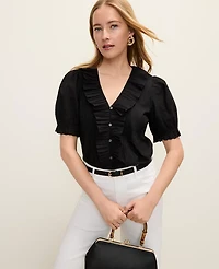 Ann Taylor Weekend Eyelet Ruffle Trim Blouse Women's