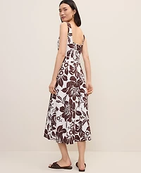 Ann Taylor Petite Floral Linen Blend Flare Midi Dress Rich Walnut Women's