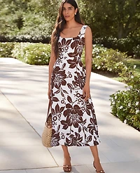 Ann Taylor Petite Floral Flare Midi Dress Linen Blend Rich Walnut Women's