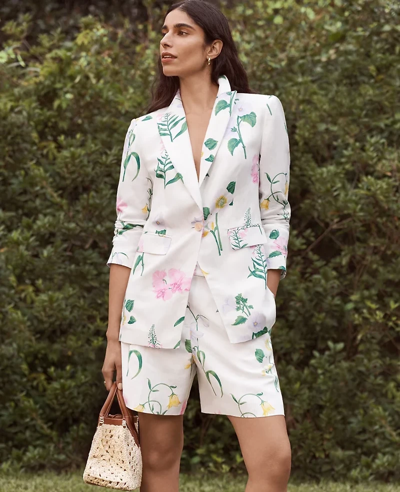Ann Taylor The Petite Long One Button Blazer Floral Linen Blend Winter White Women's