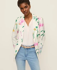Ann Taylor The Petite Long One Button Blazer Floral Linen Blend Winter White Women's