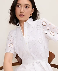 Ann Taylor Petite Eyelet Collared Midi Shirtdress White Women's