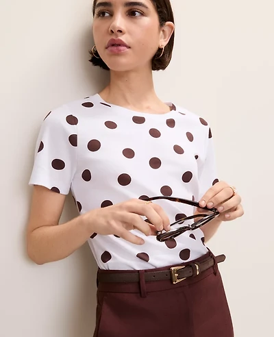 Ann Taylor Polka Dot Crew Neck T-Shirt White Women's