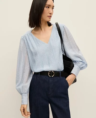 Ann Taylor Embroidered V-Neck Blouse Coastal Glow Women's