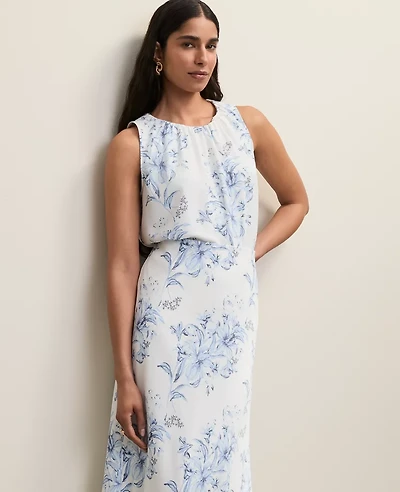 Ann Taylor Floral Shirred Tank Top White-Blue Women's