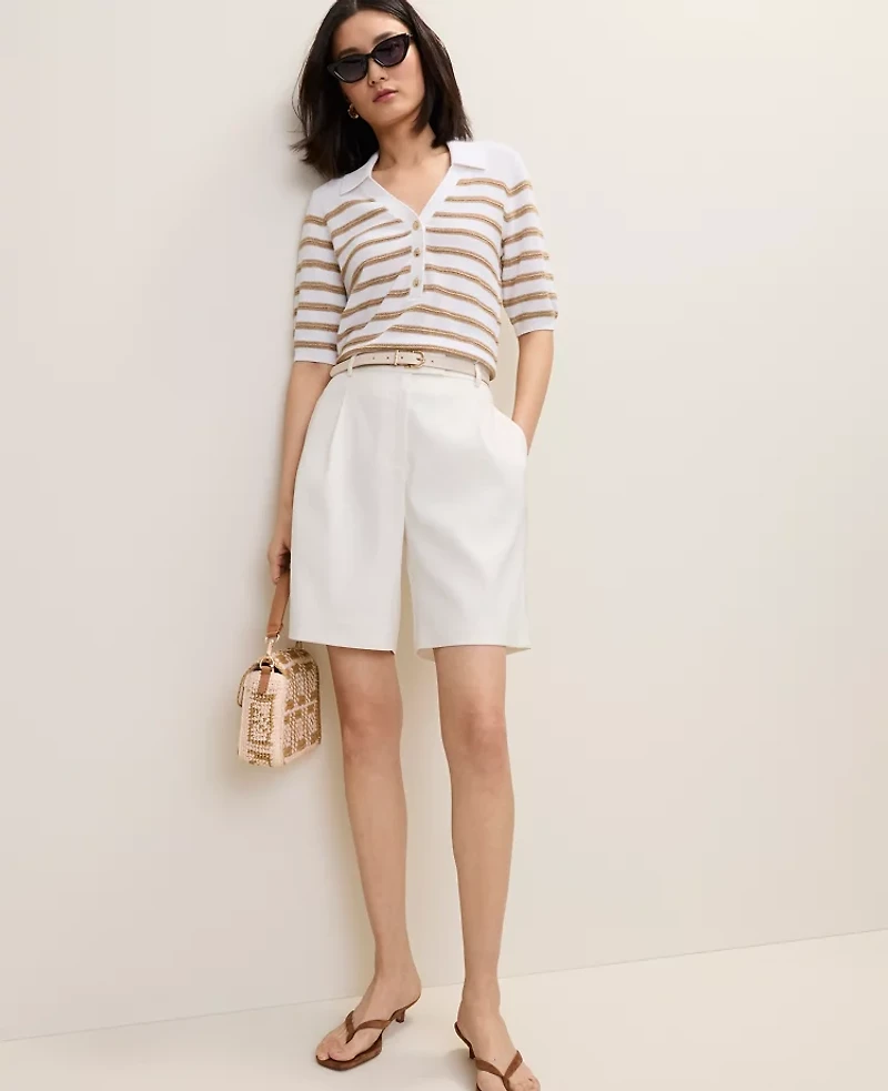 Ann Taylor Petite Striped Polo Sweater White Women's