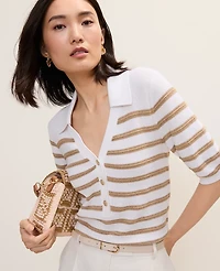 Ann Taylor Petite Striped Polo Sweater White Women's