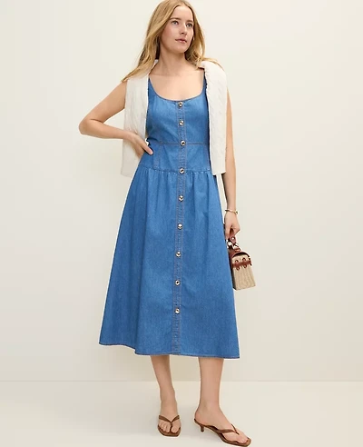 Ann Taylor Petite Weekend Chambray Flare Midi Dress Light Indigo Wash Women's