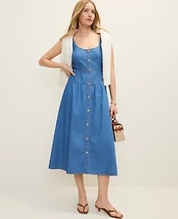 Ann Taylor Petite Weekend Chambray Flare Midi Dress Light Indigo Wash Women's