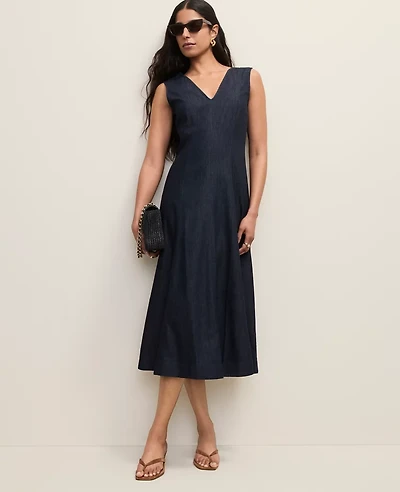 Ann Taylor Petite V-Neck Chambray Flare Midi Dress Dark Indigo Women's