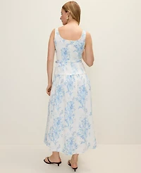 Ann Taylor Floral Belted Flare Midi Dress White-Blue Women's