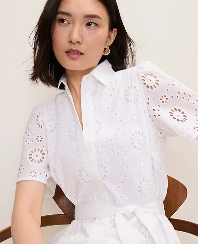 Ann Taylor Eyelet Collared Midi Shirtdress White Women's
