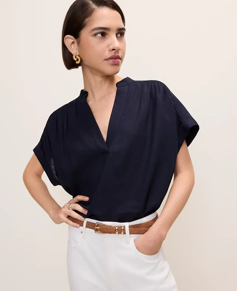 Ann Taylor Petite Linen Blend Split Neck Blouse Night Sky Women's