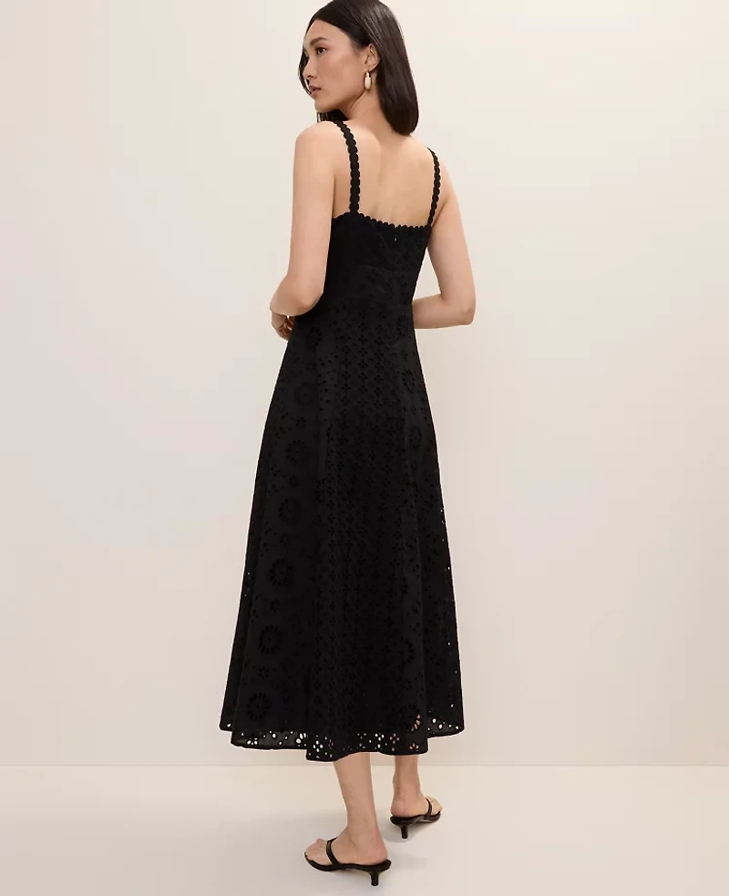Ann Taylor Petite Studio Eyelet Flare Midi Dress Black Women's