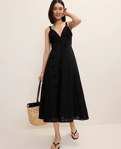 Ann Taylor Petite Studio Eyelet Flare Midi Dress Black Women's