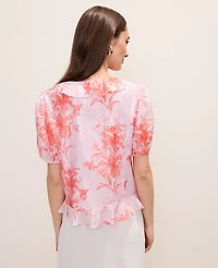 Ann Taylor Petite Floral Ruffle Trim Blouse Aperol Women's