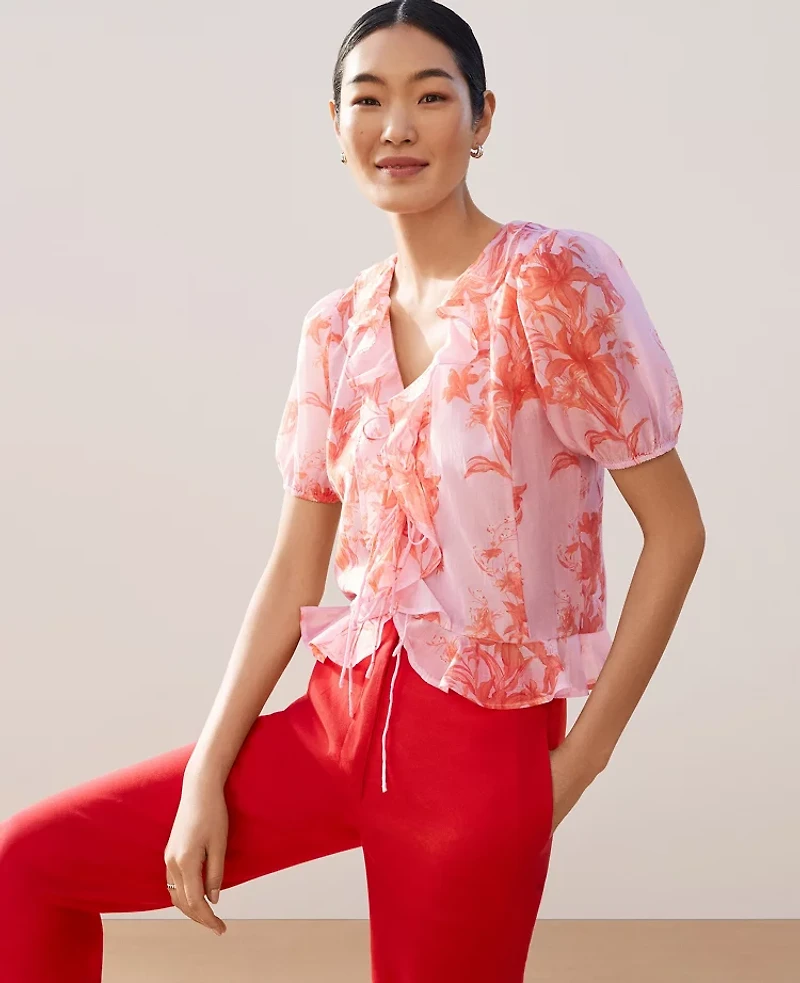 Ann Taylor Petite Floral Ruffle Trim Blouse Aperol Women's