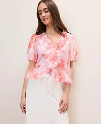 Ann Taylor Petite Floral Ruffle Trim Blouse Aperol Women's