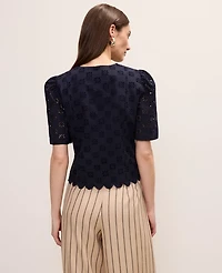 Ann Taylor Petite Eyelet Tie Front Blouse Night Sky Women's