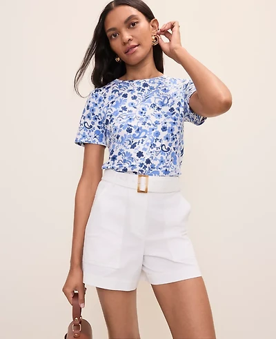 Ann Taylor Floral Crew Neck T-Shirt Pure Ink Women's