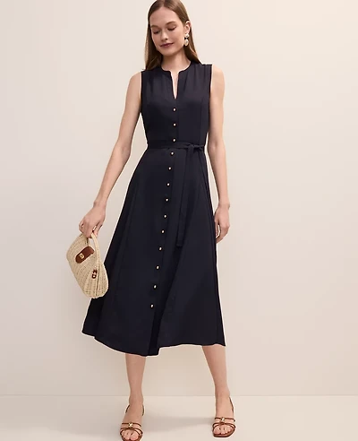Ann Taylor Belted Split Neck Flare Dress Night Sky Women's