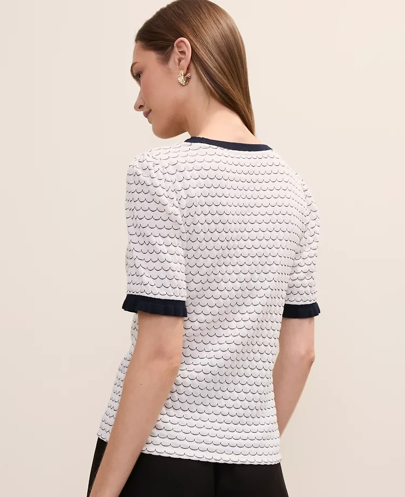Ann Taylor Scalloped Ruffle Trim Top Ivory/Navy Multi Women's