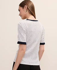 Ann Taylor Scalloped Ruffle Trim Top Ivory/Navy Multi Women's