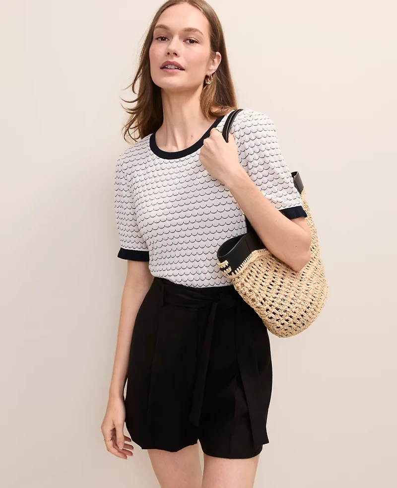Ann Taylor Scalloped Ruffle Trim Top Ivory/Navy Multi Women's