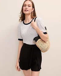 Ann Taylor Scalloped Ruffle Trim Top Ivory/Navy Multi Women's