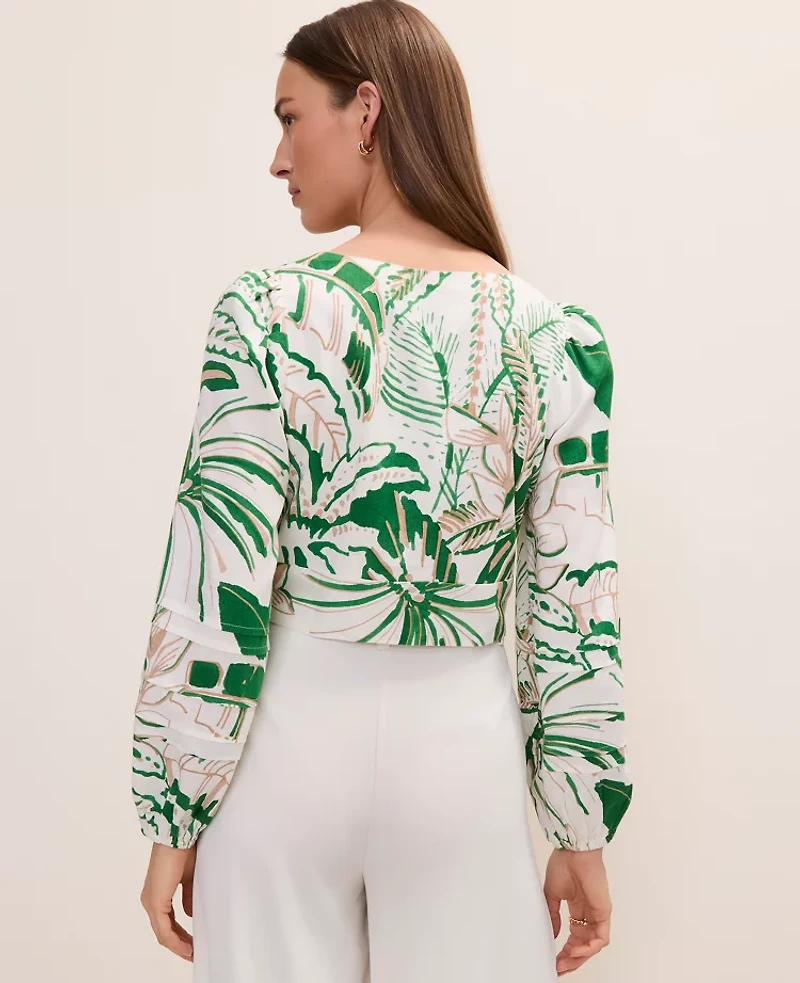 Ann Taylor Palm Print Embroidered V-Neck Blouse Linen Blend Fresh Cut Green Women's