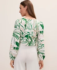 Ann Taylor Palm Print Embroidered V-Neck Blouse Linen Blend Fresh Cut Green Women's