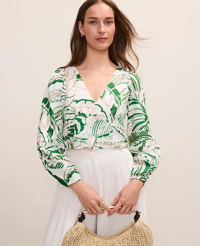 Ann Taylor Palm Print Embroidered V-Neck Blouse Linen Blend Fresh Cut Green Women's