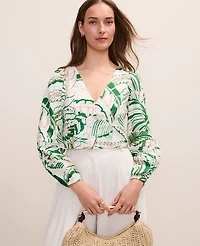 Ann Taylor Palm Print Embroidered V-Neck Blouse Linen Blend Fresh Cut Green Women's